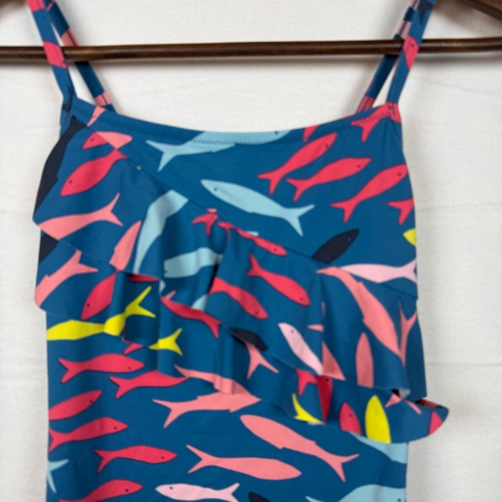 Garnet Hill Girls Size 12 Ruffle One-Piece Swimsuit Teal Fish Print Swimwear - Picture 7 of 7